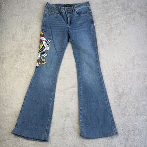 Ed Hardy NYC Eagle Flared Jeans Womens 26 Blue Denim Tattoo Skull Embroidery